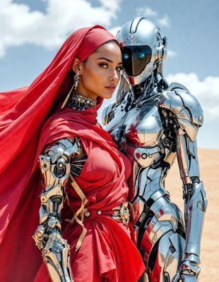 The primary subject of the image is a woman wearing a red dress and a red veil, standing next to a robot. The setting appears to be a desert-like environment, with a sandy surface visible in the background. The visual style of the image is a combination of photo and digital art, creating a unique and intriguing scene. The colors in the image are predominantly red, which adds a sense of warmth and intensity to the overall atmosphere.